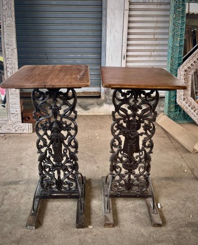 STB39 Carved Iron Stand Table with Wooden Top