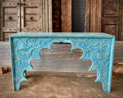 CL72 Blue Washed Console Table with Carving