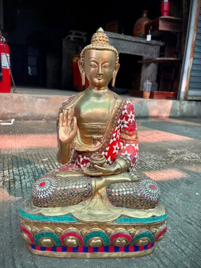 BRI57 Brass Buddha Decorated with Stones