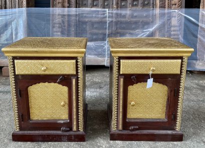 Wood Bedside with Brass Decor Set of 2