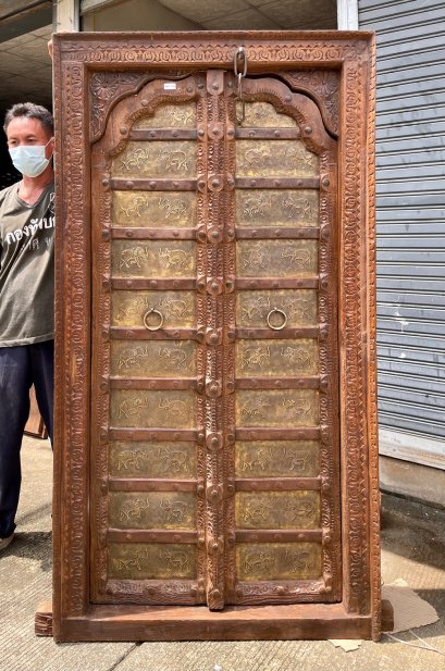 Old Indian Arch Door with Brass Elephants