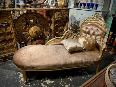 CS49 French Daybed Golden Carved with Velvet Fabric