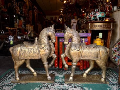 BRI38 Wooden Horses with Embossed Brass Set of 2