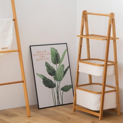 ชั้นวางของ 3 ชั้นพร้อมตะกร้าผ้าแบบพับได้Minimal 3 Layer Wood Rack