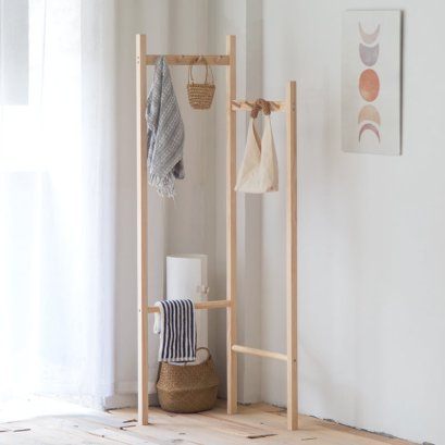 ราวไม้แขวนของหมวก+กระเป๋าแบบเข้ามุมJapan Minimal Corner Wood Rack