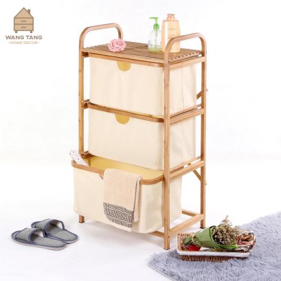 ชั้นวางตะกร้าวางของใส่เสื้อผ้า แบบ 3 ชั้นไม้ไผ่ญี่ปุ่น LAZY WASH BASKET BAMBOO BASKET SHELF (ผ้าอ๊อกฟอร์ด)