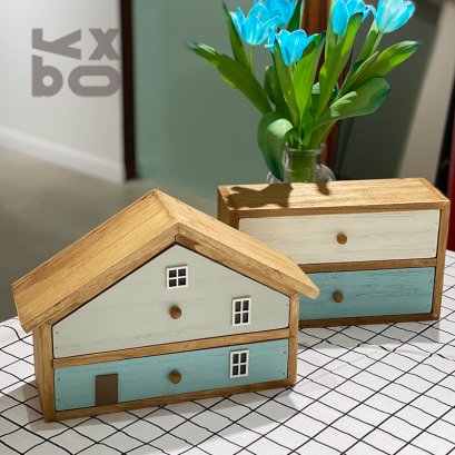 ตู้ลิ้นชักแบบวางตั้งโต๊ะรูปทรงบ้านแบบ 2 ชิ้นแยก American Vintage