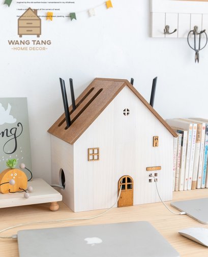 กล่องไม้เก็บสายไฟ อุปกรณ์เร้าเตอร์ Router WIFI รูปทรงบ้านสไตลล์ รุ่น HI NORDIC HOUSE (BIG SIZE)
