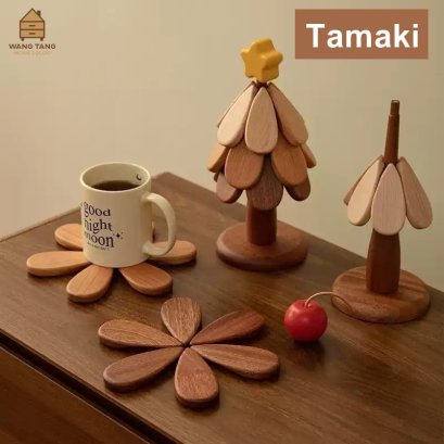 ที่รองจาน,แก้วกาแฟ รูปต้นคริสมาสต์วัสดุไม้วอลนัท X'mas Tree ตกแต่งบ้าน รุ่น TAMAKI