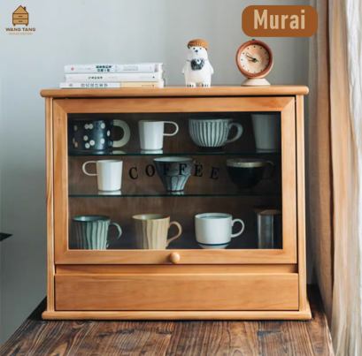 ตู้เก็บถ้วยกาแฟอุปกรณ์ชงกาแฟไม้สนแบบมีลิ้นชักบานกระจกเปิดรุ่น รุ่น Murai