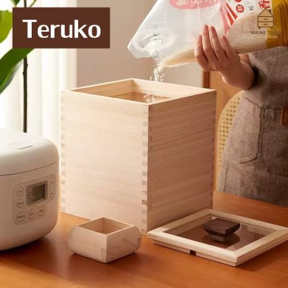 ถังเก็บข้าวสารไม้สนฮิโนกิ สไตล์มินิมอลญี่ปุ่น สำหรับใช้ในบ้าน ระบบปิดผนึกกันความชื้นและแมลง พร้อมถ้วยตวงไม้ ภาชนะเก็บข้าวสารอย่างดี รุ่น Teruko