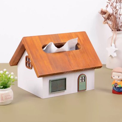 กล่องทิชชู่ไม้รูปบ้าน กล่องเก็บของตกแต่ง สไตล์ Cottage (กล่องผ้าเช็ดปาก) รุ่น Kawamura