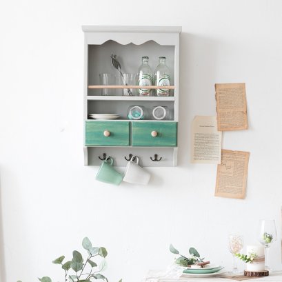 ตู้แขวนติดผนังงานไม้ Style Nordic นอดริก ลงสีเขียวขาว พร้อมที่แขวนและลิ้นชัก