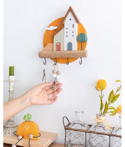 ที่แขวนกุญแจไม้รูปทรงบ้าน รุ่น Nordic Twin House in Forest สไตลล์นอดริก แบบ 4 ห่วง