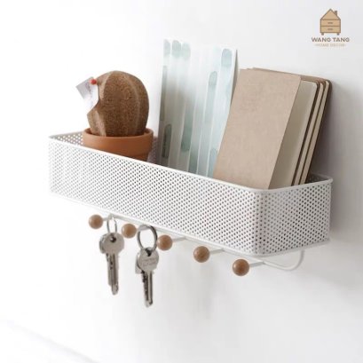 ที่แขวนกุญแจติดผนังไม่ต้องเจาะ พร้อมตะกร้าชั้นแขวนใส่ของ รุ่น JAPAN KEY HARMONY