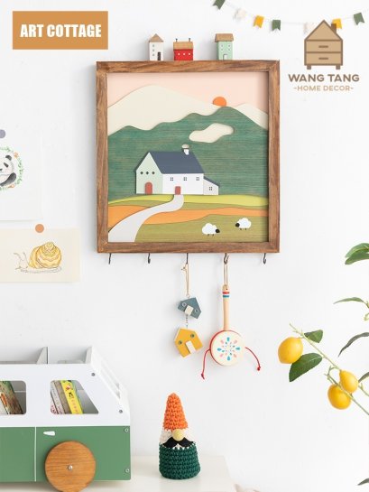 กรอบไม้ติดผนังตกแต่งบ้านพร้อมที่แขวนกุญแจ รูปกระท่อมไม้ตกแต่งบ้าน รุ่น ART COTTAGE