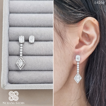 ต่างหูเพชรสี่เหลี่ยมเอเมอรัลตุ้งติ้งถอดปลายได้