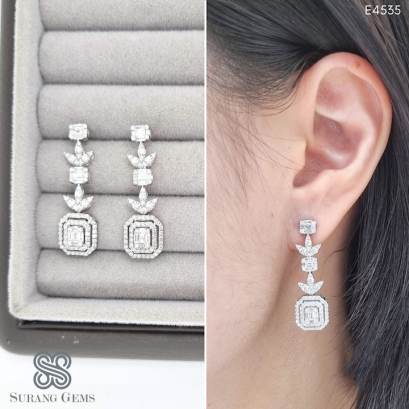 ต่างหูเพชรระย้า ทรงสี่เหลี่ยมEmeraldประกบ
