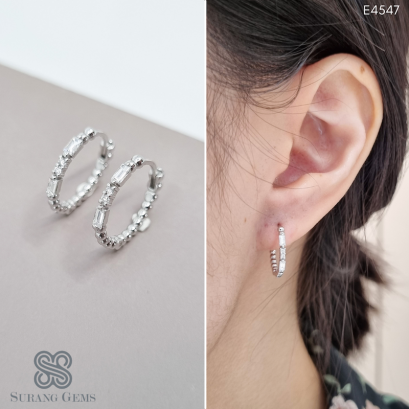 ต่างหูห่วงเพชรบาเก็ตเพชรกลม เรือนทองขาว18k