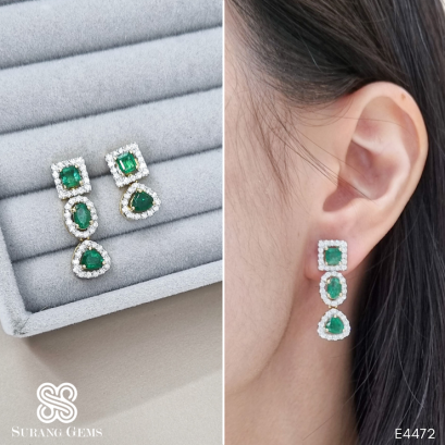 ต่างหูมรกตประดับเพชรห้อยตุ้งติ้ง