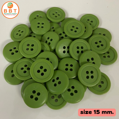 Green buttons, smooth edges, size 15 mm.