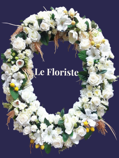 พวงมาลาดอกไม้สด ดอกไม้ประดิษฐ์ แบบ Modern-Thaiไทยจาก Le Floriste ออกแบบประณีตด้วยดอกไม้คุณภาพดีในโทนฟ้า&ndash;ครีม เพิ่มความงดงาม สง่างาม และเหมาะสมสำหรับการไว้อาลัยในพิธีสำคัญ เหมาะสำหรับองค์กรและบุคคลที่ต้องการแสดงความเคารพอย่างสมเกียรติ พร้อมบริการจัดส่งถึงว