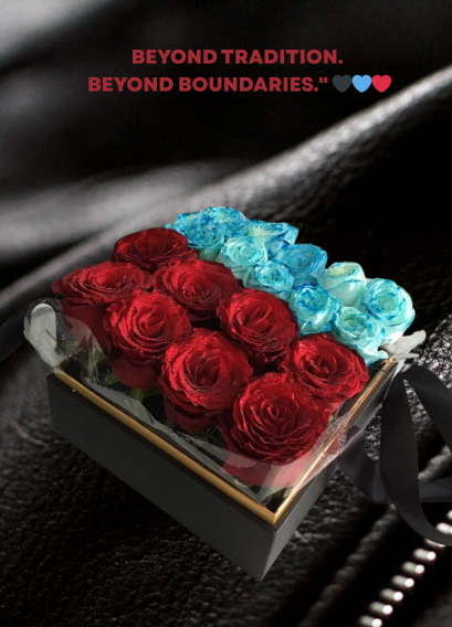 "Premium dark flower box with red and blue roses by Le Floriste, LGBTQ Valentine gift ideas Bangkok, Modern Masculinity flower design, Luxury florist for gay couples, inclusive love celebration 2026."