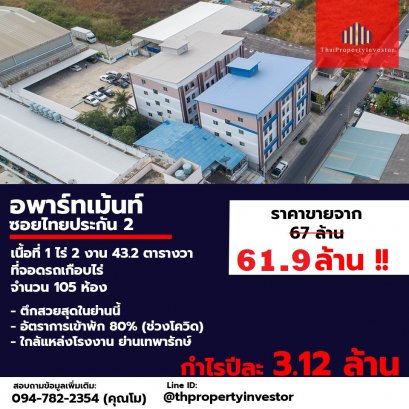 出售公寓 工作区域中心 Thai Pragan 2巷 以及大型停车场 可以加建楼房110-120房间 超级特价！