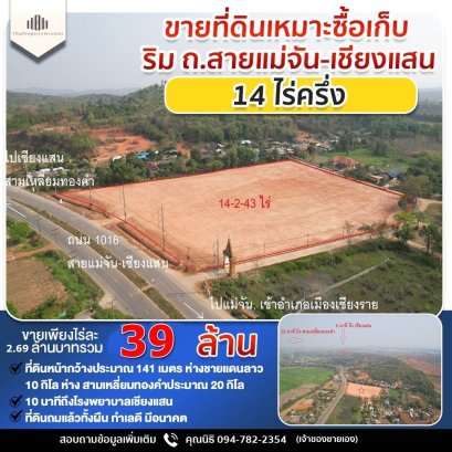 ขายที่ดินเหมาะซื้อเก็บ ริม ถ.สายแม่จัน-เชียงแสน 14 ไร่ครึ่ง เพียง 10 นาที ถึงเชียงแสน ใกล้สามเหลี่ยมทองคำ ราคาพิเศษ !!!