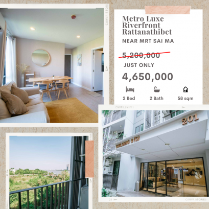Most Beautifully Decorated Unit!! 2BR 2BA Riverfront Condo for Sale at Metro Luxe Riverfront Rattanathibet Near MRT Sai Ma, Near Central Rattanathibet