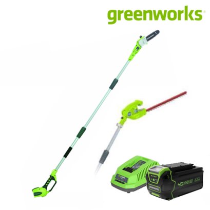 Greenworks เครื่องตัดกิ่ง ขนาด 40V (เปลี่ยนเป็นเครื่องเล็มพุ่มได้) พร้อมแบตเตอรีและแท่นชาร์จ