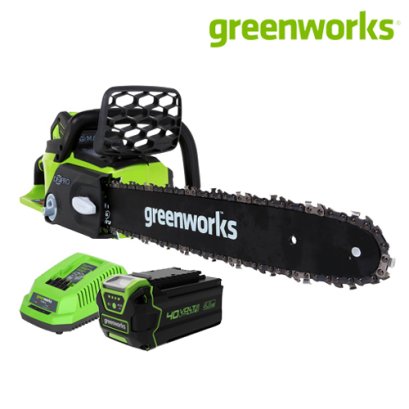 Greenworks เลื่อยโซ่แบตเตอรี่ ขนาด 40V, กำลัง 0.9 แรงม้า, บาร์ 10 นิ้ว พร้อมแบตเตอรีและแท่นชาร์จ