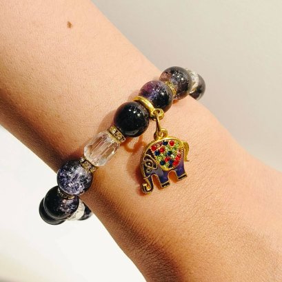 Purple and Black Beaded Bracelet with Elephant Charm
