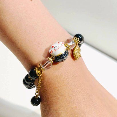 Black Beaded Bracelet with White Cat Charm