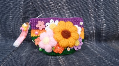 Knit coin bag - purple, orange &amp; green