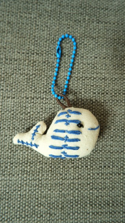 white cloth keychain, blue cord