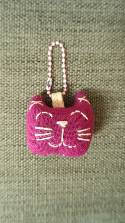 purple cat keychain, pink cord