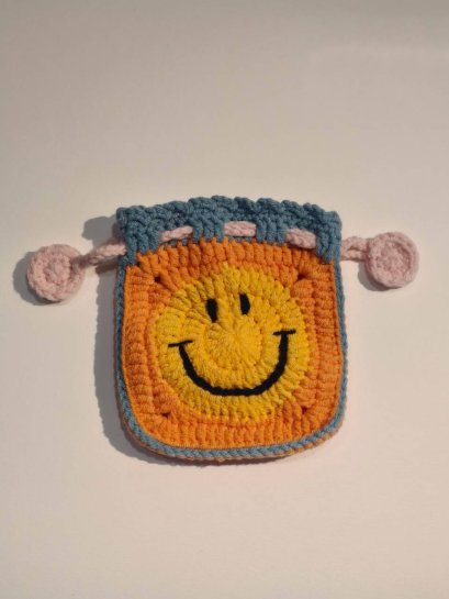 Crochet Smiley Bag, Blue-Orange
