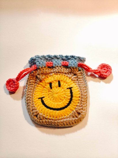 Crochet Smiley Bag, Light Blue-Brown