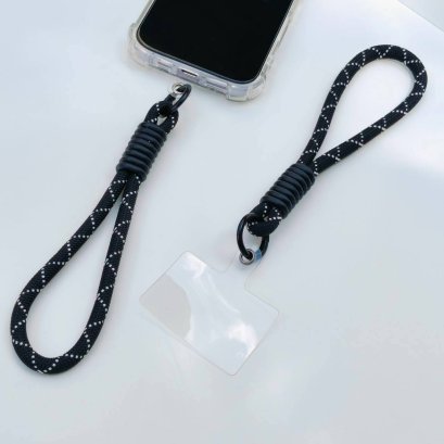 Black Phone Strap with White Cross Pattern