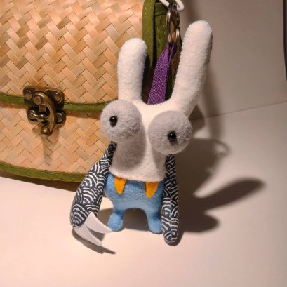 Waving-Hand Monster Keychain, White and Blue with Gray Eye