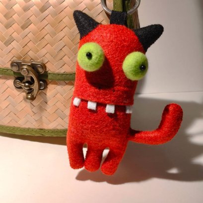 Black-Horned Monster Keychain, Red with Green Eye
