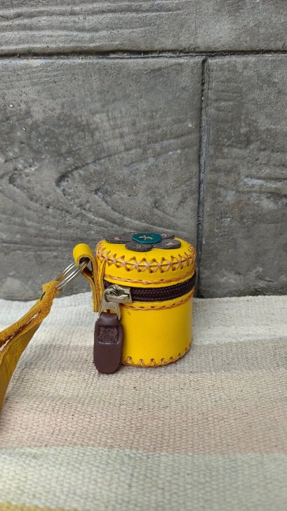 Handmade Leather Cylinder Shaped Coin Bag (Yellow)