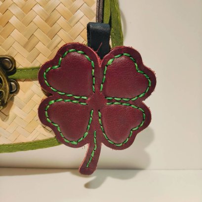 Wine Red Clover Keychain with Green Thread