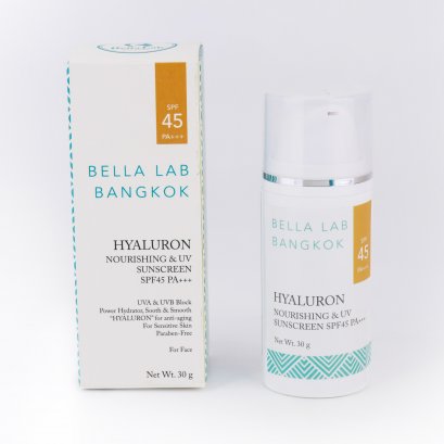 Bella Hyaluron Nourishing & UV Sunscreen SPF45 PA+++ (ครีมกันแดดเนื้อมุสแบบ Physical) ขนาด 30 กรัม
