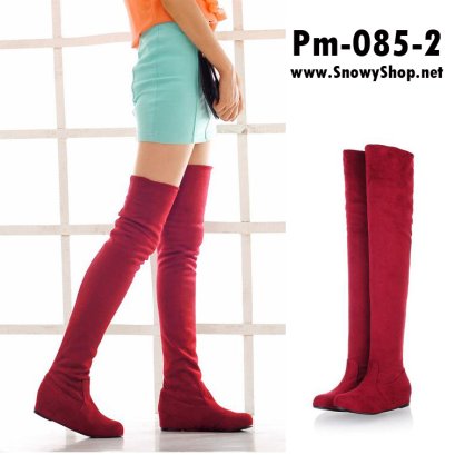  [พร้อมส่ง 36,37,38,39,40,41,42,43] [Boots] [Pm-085-2] Boots รองเท้าบู๊ทหนังกำมะหยี่สีแดง ด้านในบุขนกันหนาวหนังนิ่มใส่เลยหัวเข่า เสริมส้นด้านใน 3cm