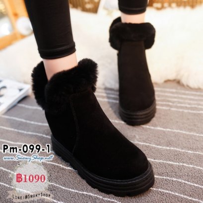  [PreOrder] [Boots] [Pm-099-1] รองเท้าบูทสั้นสีดำ มีซิปข้าง แต่งขนเฟอร์ด้านในซับขนกันหนาว กันน้ำ เล่นหิมะได้เลยค่ะ