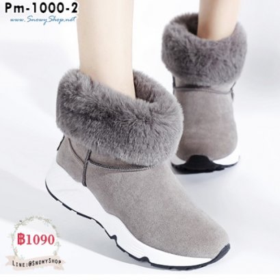[PreOrder] [Boots] [Pm-1000-2] รองเท้าบูทสั้นสีเทา เป็นบูทส้นเตี้ย ด้านในซับขนกันหนาว ขอบแต่งเฟอร์สวยน่ารัก กันน้ำ ใส่เล่นหิมะได้ค่ะ