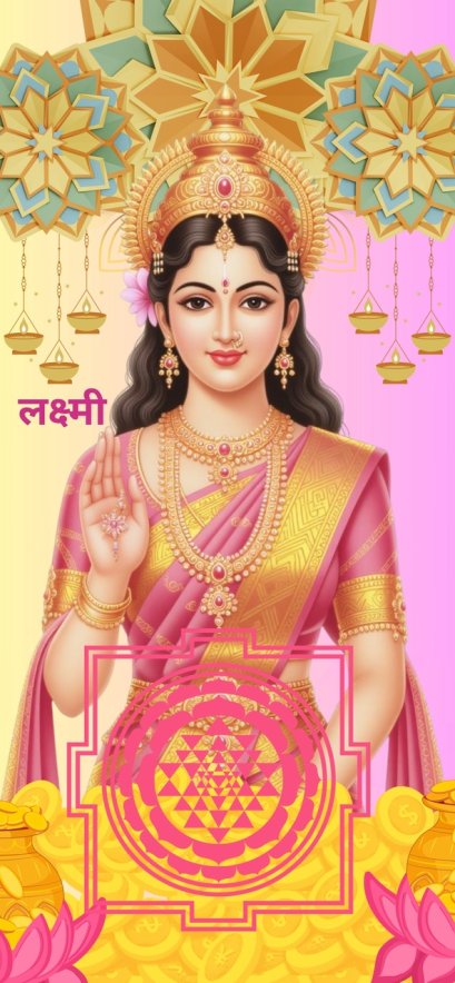 Goddess Lakshmi Wallpaper (Blessing of Wealth and Love Form) with Universal Yantra for Life Enhancement (Enhances all areas)
