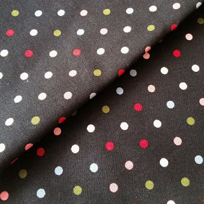 ผ้า cotton canvas ไทยลายจุดหลากสี 5 mm.พื้นดำ ขนาด 1/4 เมตร (50*55 ซม.)